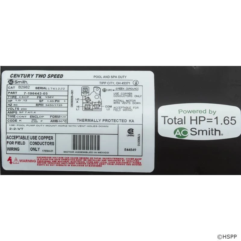 B2982 2-Speed Pool Pump Motor 56Y Frame 1 HP 230V Energy Efficient 7 B2982 2-Speed Pool Pump Motor 56Y Frame 1 HP 230V Energy Efficient - Image 5