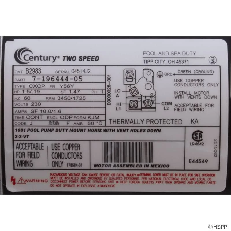 B2983 2-Speed Pool Pump Motor 56Y Frame 1.5 HP 230V Energy Efficient 7 B2983 2-Speed Pool Pump Motor 56Y Frame 1.5 HP 230V Energy Efficient - Image 5