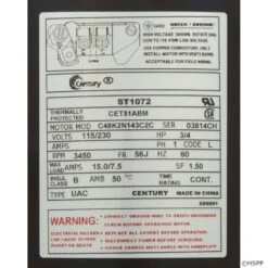 ST1072 3/4 HP Pool Pump Motor 56J Frame C-Face 115-230V 9 ST1072 3/4 HP Pool Pump Motor 56J Frame C-Face 115-230V -Art Swimming Pool st1072 label