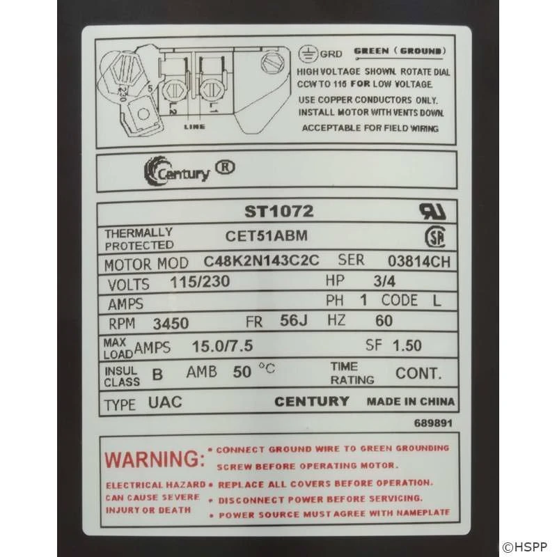 ST1072 3/4 HP Pool Pump Motor 56J Frame C-Face 115-230V 6 ST1072 3/4 HP Pool Pump Motor 56J Frame C-Face 115-230V - Image 4